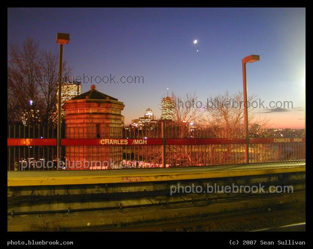 Charles/MGH Conjunction - The Moon and Venus over the Back Bay skyline and the Charles/MGH train station, Boston MA
