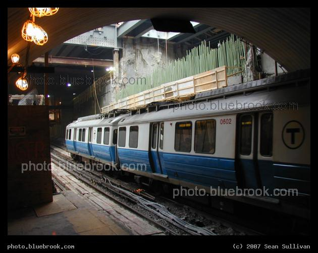 Aquarium Construction - An inbound Blue Line train departing Aquarium MBTA station while under construction, Boston MA