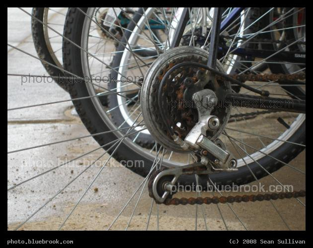 Spokes and Gears - Bicycles at the Oak Grove MBTA subway station, Malden MA