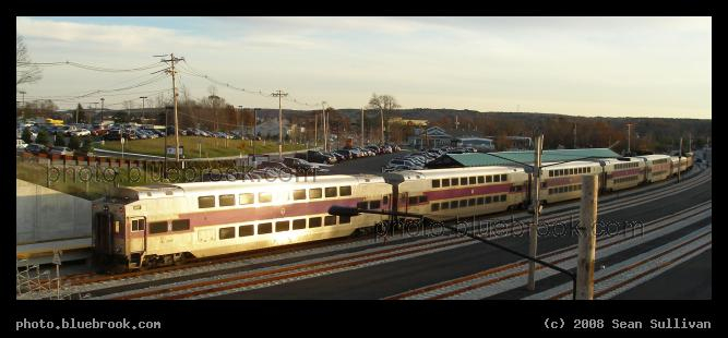 Greenbush Panorama - View of the Greenbush MBTA train station from an adjacent bridge, Scituate MA