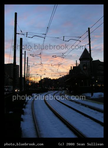 Coolidge Corner Sunset - Evening twilight along the Beacon Street electric streetcar line, near the Coolidge Corner MBTA station, Brookline MA