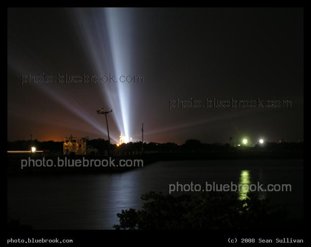Xenon Lights - Xenon floodlights at Kennedy Space Center launch pad 39-B illuminate the space shuttle Discovery during preparations for launch on mission STS-121. From the NASA KSC press site, Cape Canaveral FL