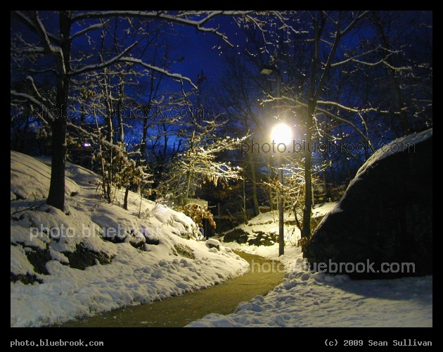 Cobalt and White - Evening at the Newton Highlands train station, Newton MA