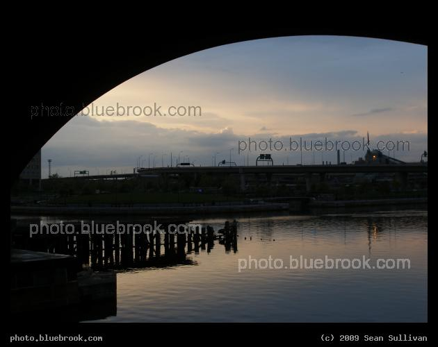 Dusty Blue Under the Viaduct - Looking across the Charles River, with the MBTA Green Line viaduct above, and I-93 in the distance.  Boston MA