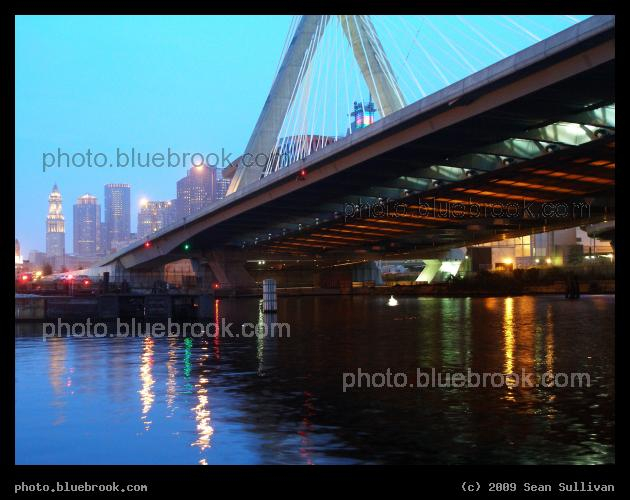 Twilight Under Zakim - View across the Charles River from Paul Revere Park, showing the underside of the Zakim Bridge (I-93), Charlestown MA