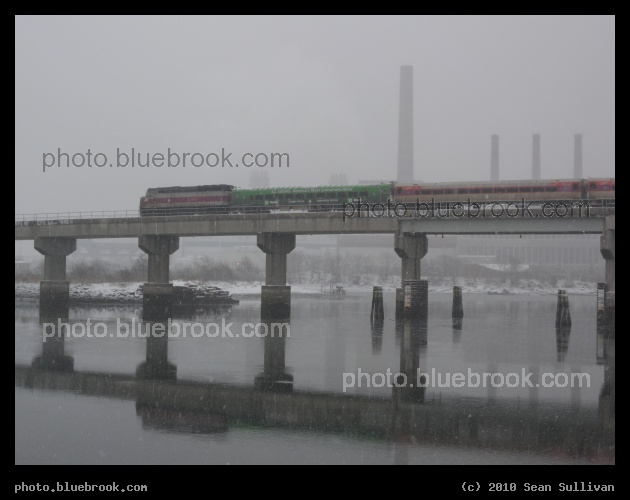 River Crossing - A train on the Newburyport/Rockport branch of the MBTA commuter rail crossing over the Mystic River, Somerville MA