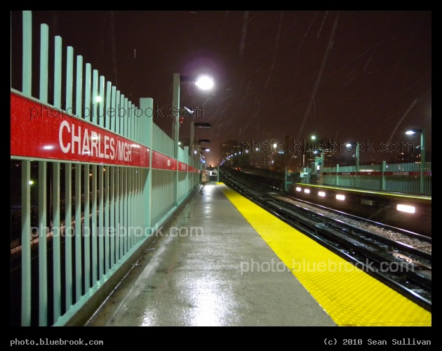 Charles in Perspective - During a snowstorm on the inbound platform at the MBTA Charles/MGH train station, Boston MA