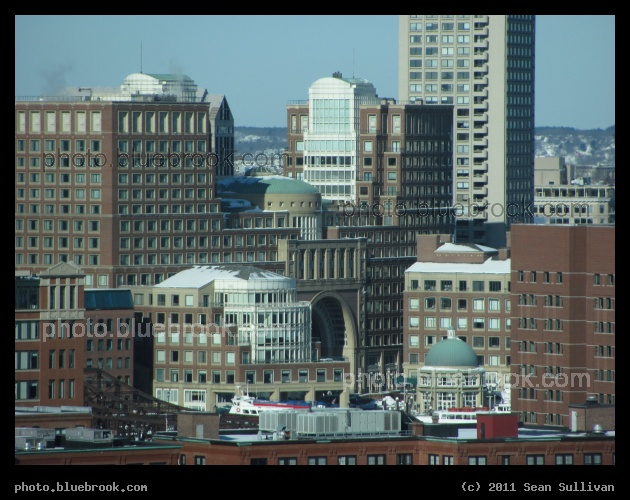 Harbor Buildings - Downtown Boston along the harbor (obscured by foreground buildings), in the vicinity of Rowes Wharf