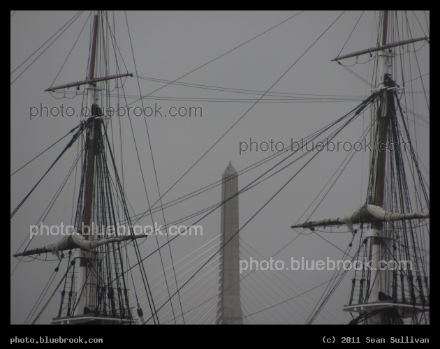 Charlestown Landmarks - The USS Constitution in the foreground, and the Zakim Bridge (I-93) in the background, during the passage of Hurricane Irene.  Charlestown, MA