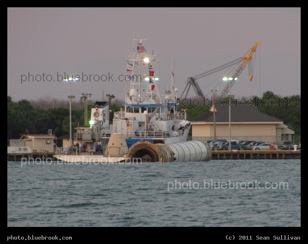 Floating Solid Rocket Booster - A solid rocket booster towed back to Port Canaveral FL by the NASA ship Liberty Star, after the flight of space shuttle Endeavour on mission STS-134