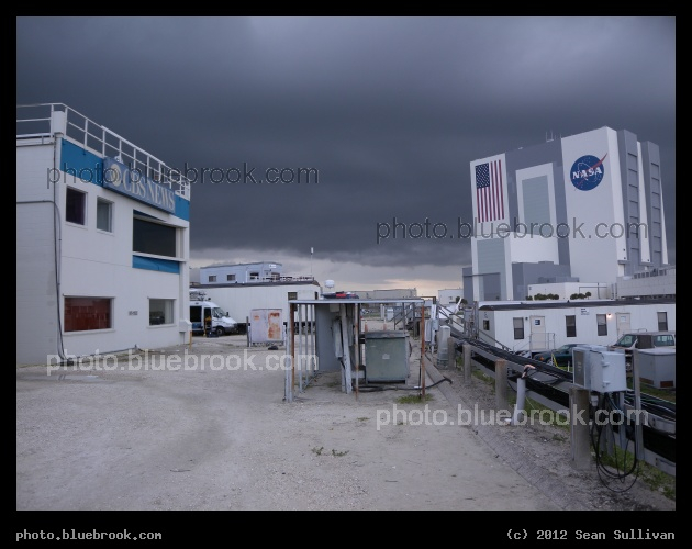 Network Platform - At the Kennedy Space Center press site, the CBS network facilities overlooking launch complex 39, with the Vehicle Assembly Building in the background