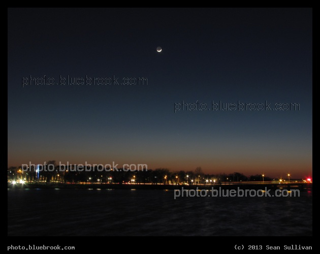 Moon over Comet - Comet Pan-STARRS looks like a star well below, and slightly to the right of, the waxing crescent moon (comet not visible without enlargement - click to make large).  Mystic River, Medford MA